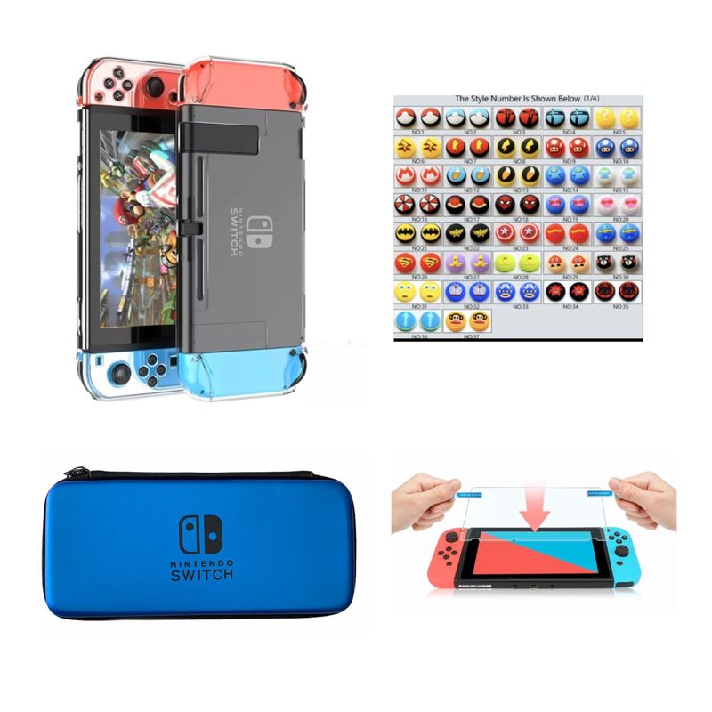 GENERICO - Estuche Rigido Azul + Acrilico + Vidrio + 2 Grips Para Switch