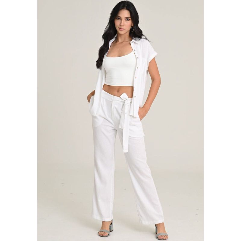 RAGGED - Pantalon Lino Anudado Blanco Ragged