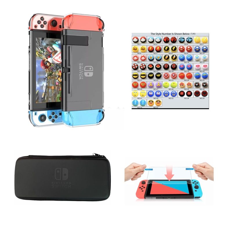 GENERICO - Estuche Rigido Negro + Acrilico + Vidrio + 2 Grips Para Switch