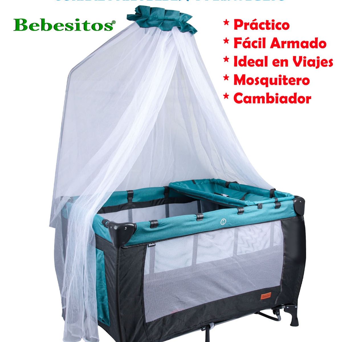 BEBESITOS - Cuna Corral Mecedora Con Toldillo Y Cambiador Roma Turquesa