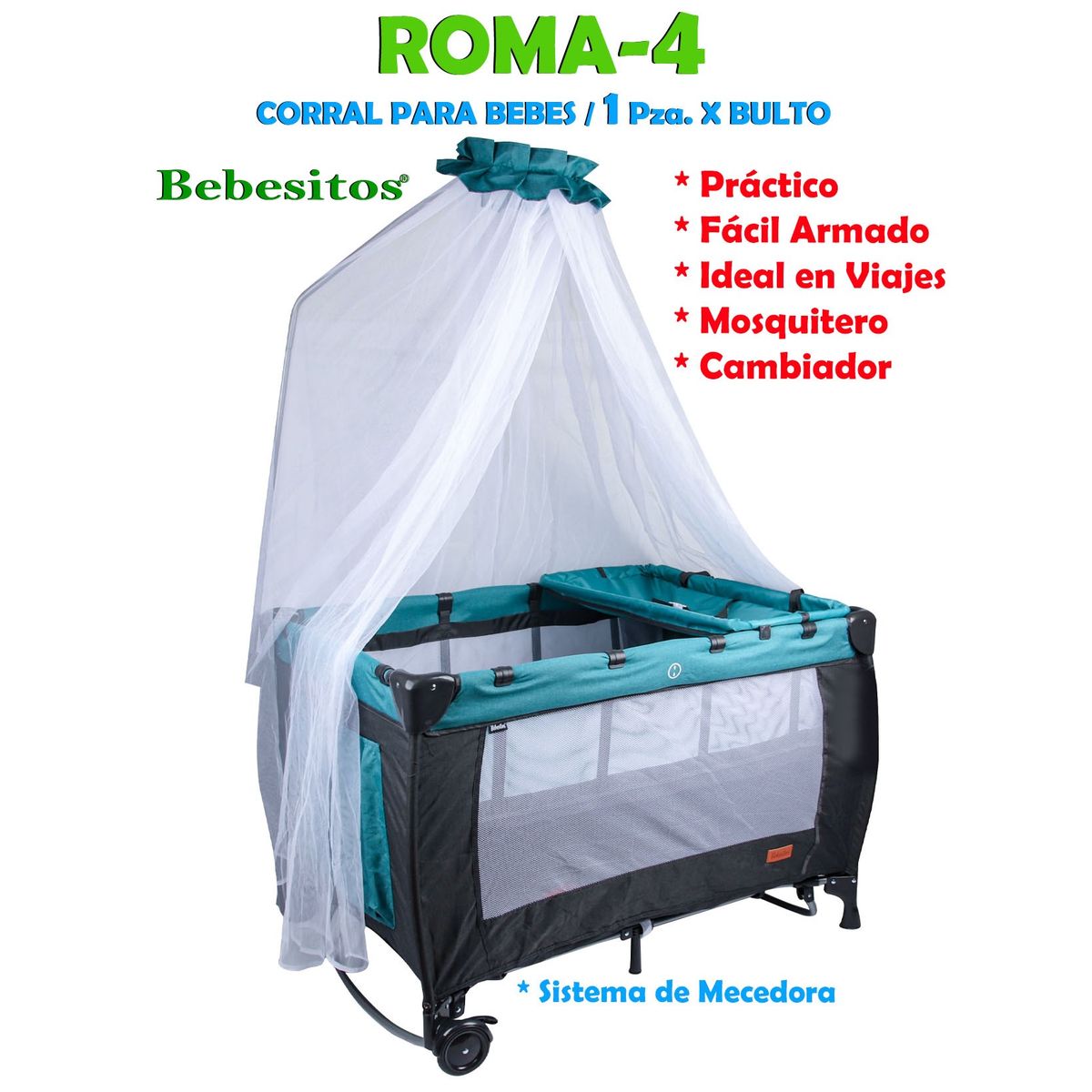 BEBESITOS - Cuna Corral Mecedora Con Toldillo Y Cambiador Roma Turquesa