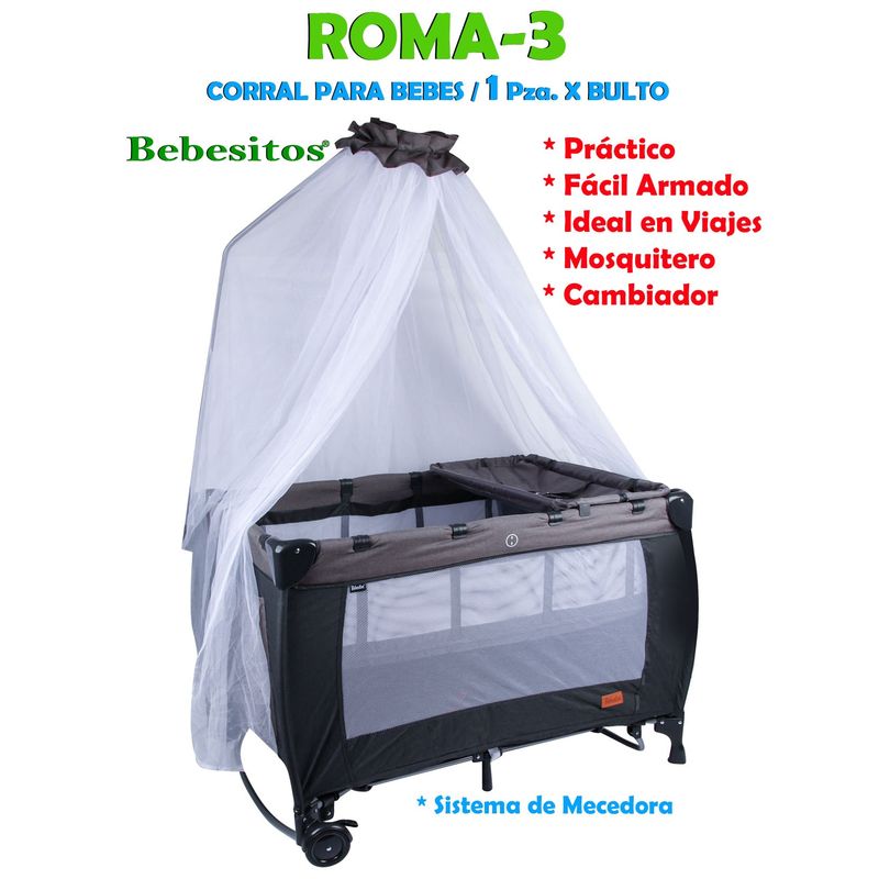 BEBESITOS - Cuna Corral Mecedora Con Toldillo Y Cambiador Roma Gris