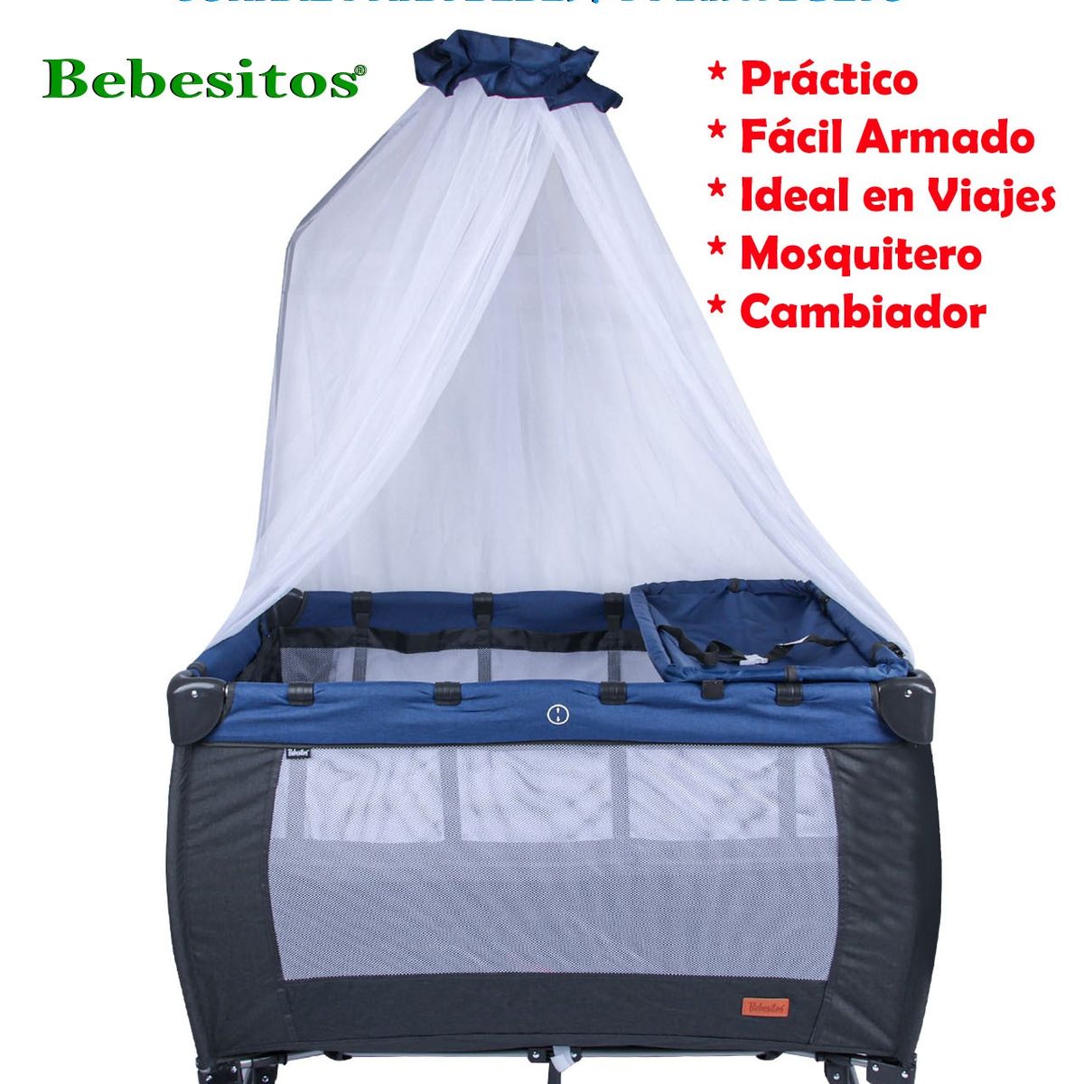 BEBESITOS - Cuna Corral Mecedora Con Toldillo Y Cambiador Roma Azul