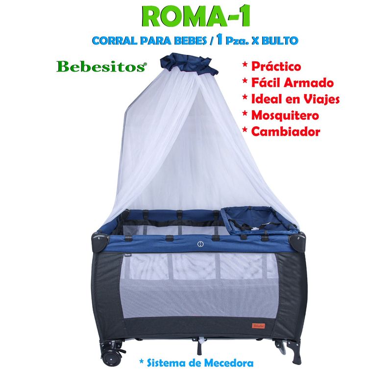 BEBESITOS - Cuna Corral Mecedora Con Toldillo Y Cambiador Roma Azul