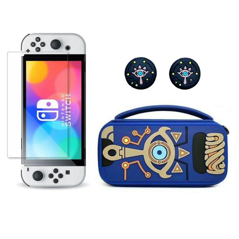 GENERICO - Estuche Edicion Azul + Vidrio + 2 Grips Para Switch Oled
