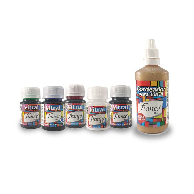FRANCO ARTE - Kit Pintura Vitral Franco Arte X 5 Unds + Bordeador Oro 60ml