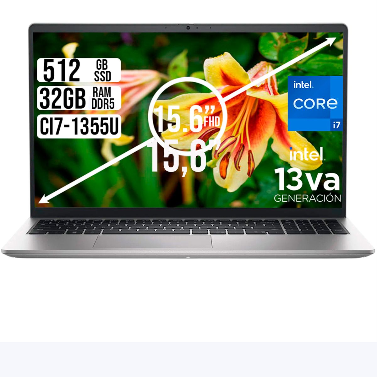 DELL - Portátil Dell 15 Intel Core i7-1355U 32GB RAM DDR5 SSD 512GB Pantalla 15.6” FHD Color Silver