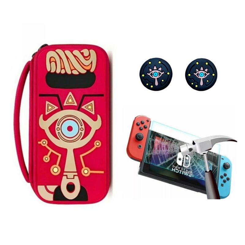 GENERICO - Estuche Edicion Zelda Rojo + Vidrio + 2 Grips Para Switch
