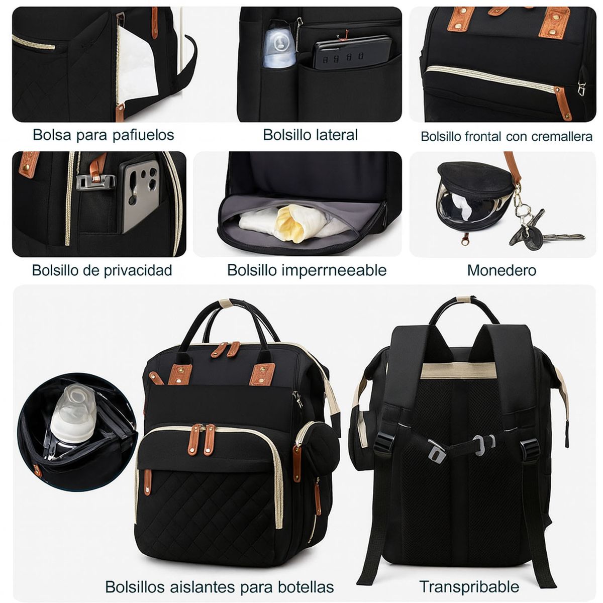 ONE PIXEL - Mochila Morral Pañalera Para Bebe Multifuncional Cuna Portatil Cambiador  Negro