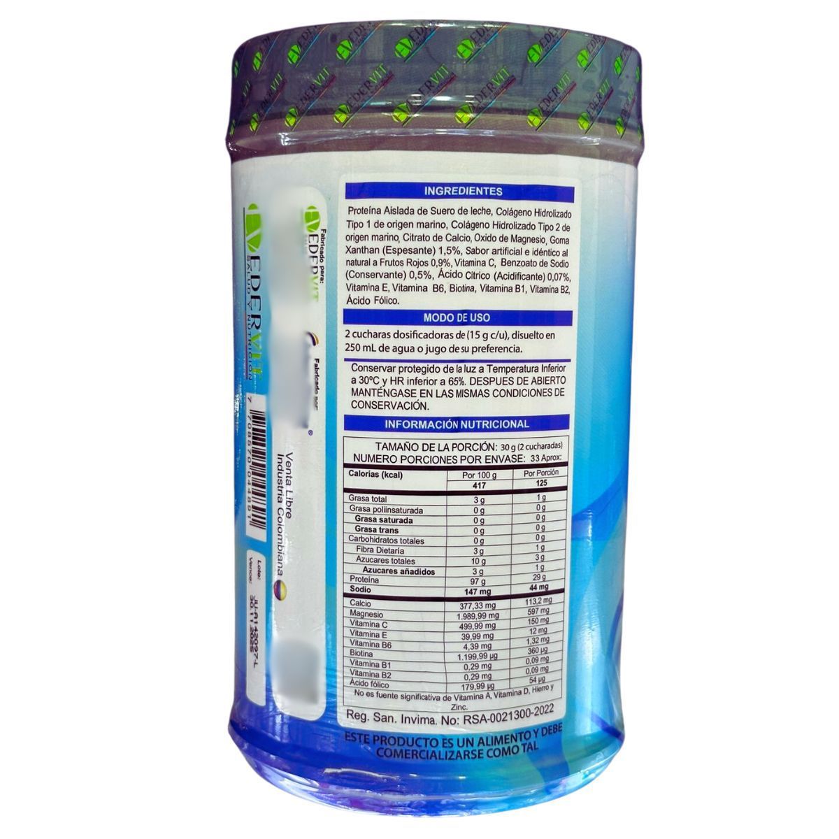 EDERVIT - Colageno Hidrolizado Marino  Biotina 1000gr Edervit