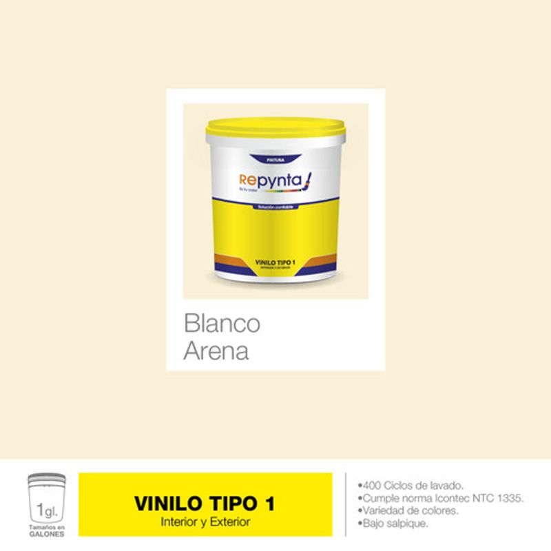 REPYNTA - VINILO TIPO 1 BASE AGUA BLANCO ARENA GALON REPYNTA