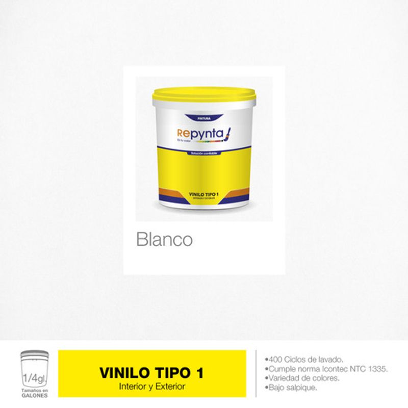 REPYNTA - VINILO TIPO 1 BASE AGUA BLANCO CUARTO GALON REPYNTA