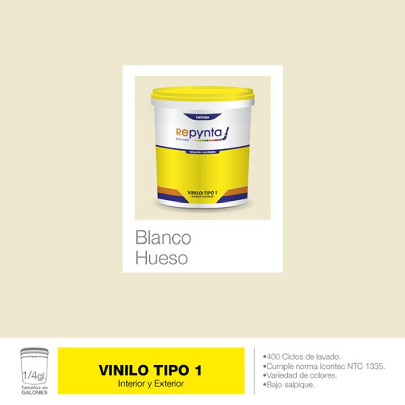 REPYNTA - VINILO TIPO 1 BASE AGUA BLANCO HUESO CUARTO GALON REPYNTA