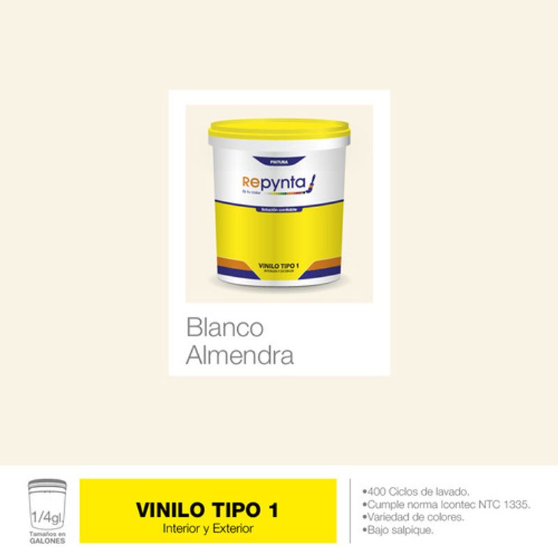 REPYNTA - VINILO TIPO 1 BASE AGUA BLANCO ALMENDRA CUARTO GALON REPYNTA