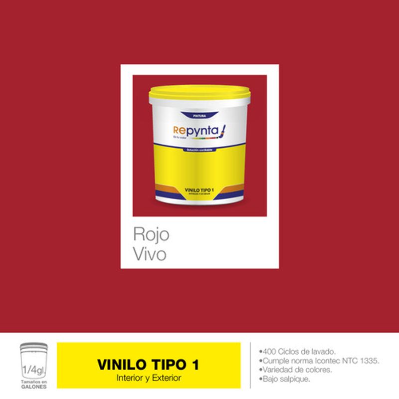 REPYNTA - VINILO TIPO 1 BASE AGUA ROJO CUARTO GALON REPYNTA