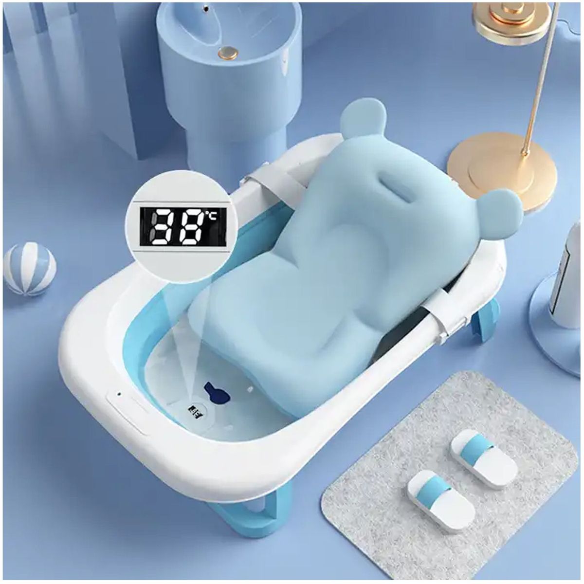 ONE PIXEL - Bañera Plegable Para Bebé Termometro Cojín Azul ONE PIXEL-