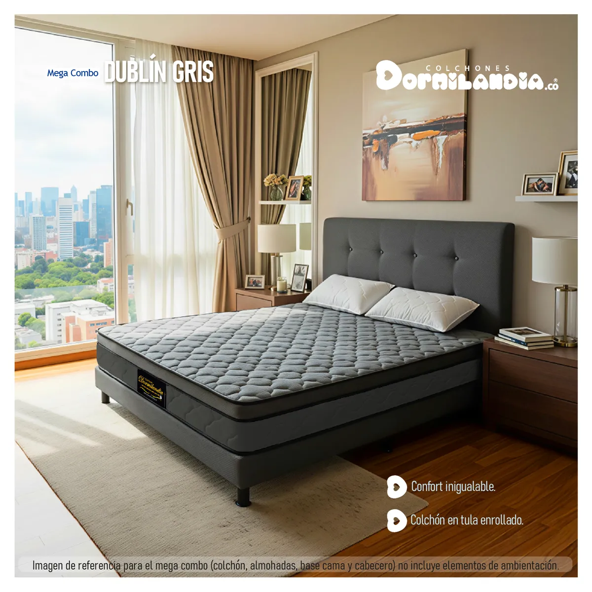 DORMILANDIA - Mega Combo Colchón Dublín Doble Gris Resortado Enrollado Más Base Cama, Cabecero y 2 Almohadas