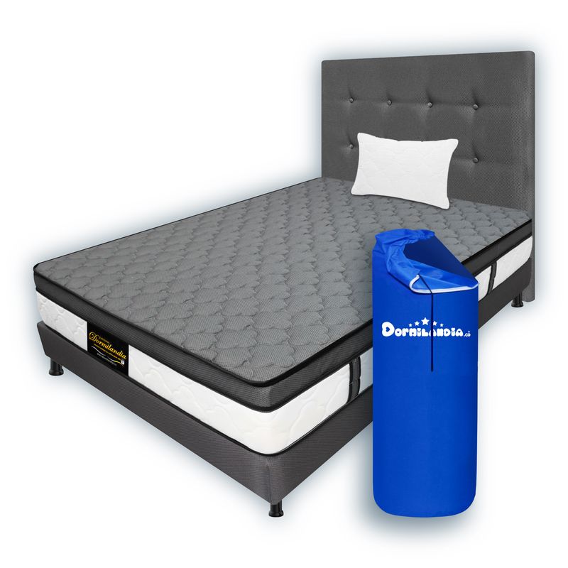 DORMILANDIA - Combo Colchon Gris Sencillo 100x190 Resortado Dublin Base Cama Entera Cabecero Almohada.