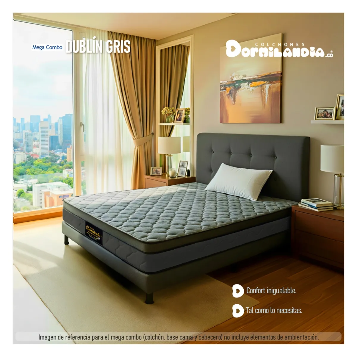 DORMILANDIA - Mega Combo Colchón Dublín Sencillo Gris Resortado Enrollado Más Base Cama, Cabecero y 1 Almohada