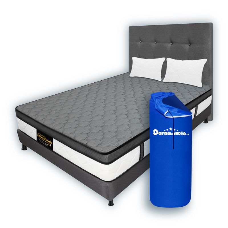 DORMILANDIA - Combo Colchon Gris Queen 160x190 Resortado Dublin Base Cama Dividida Cabecero Almohadas.