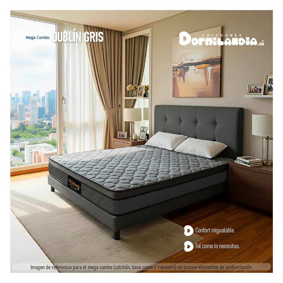 DORMILANDIA - Mega Combo Colchón Dublín Queen Gris Resortado Enrollado Más Base Cama, Cabecero y 2 Almohadas