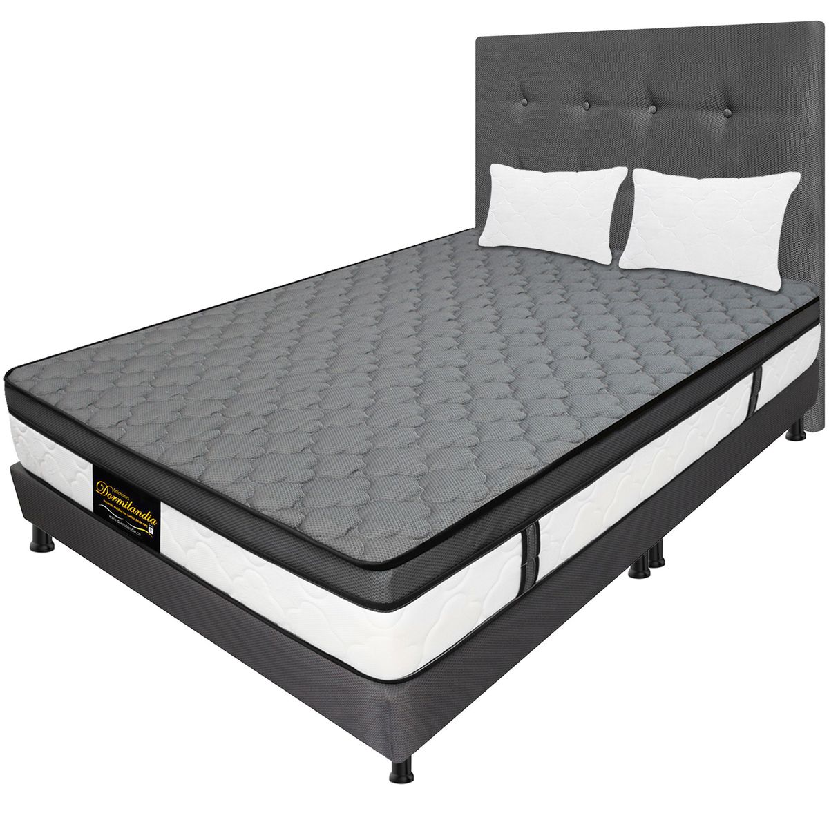DORMILANDIA - Combo Colchon Gris King 200x200 Resortado Dublin Base Cama Dividida Cabecero Almohadas.