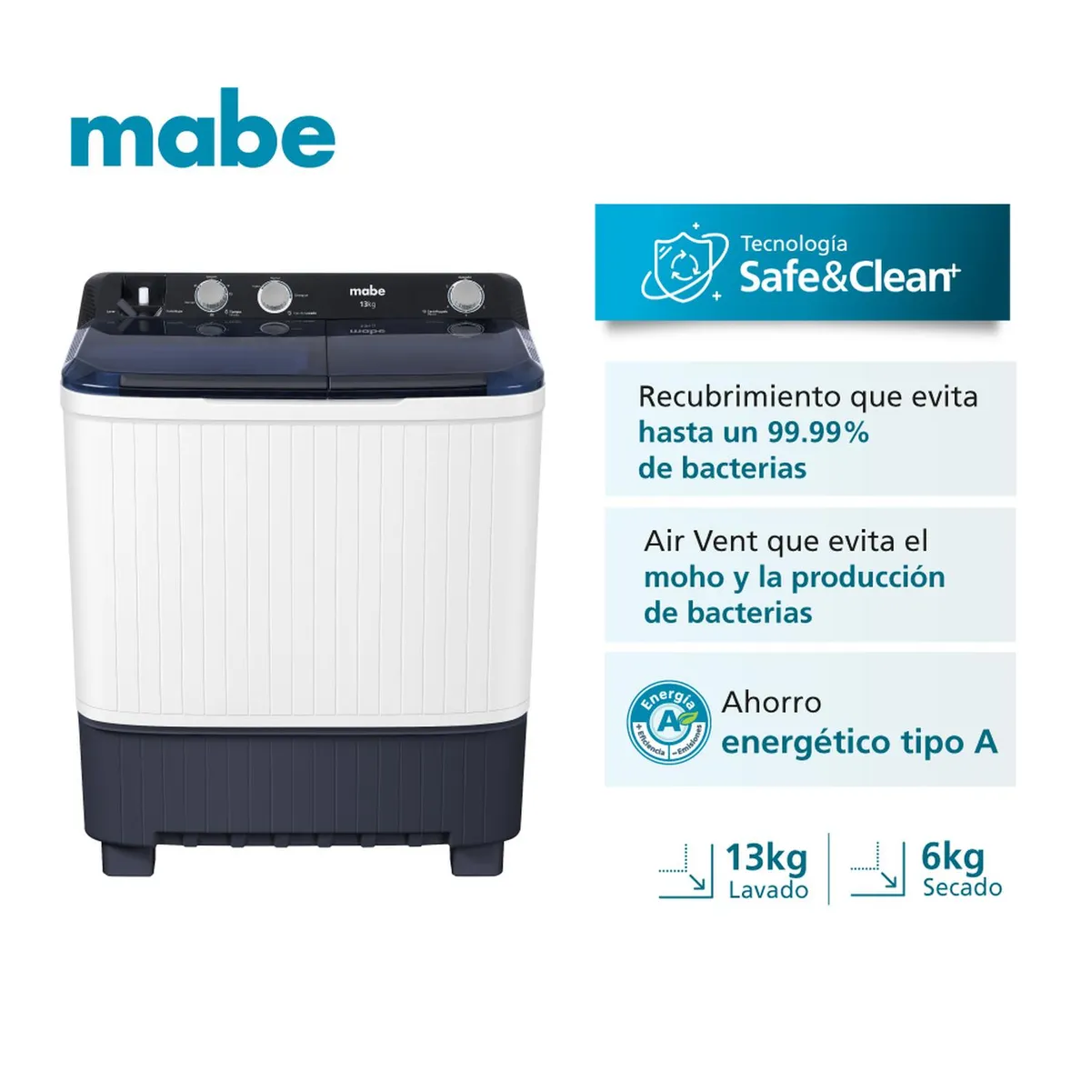 MABE - Lavadora Semiautomática Propela 13 Kg Blanca Mabe LMD3123HBAB0