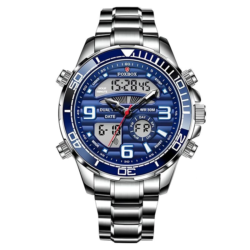 LIGE - Reloj FOXBOX de Caballero Doble Hora Original acero Resistente agua