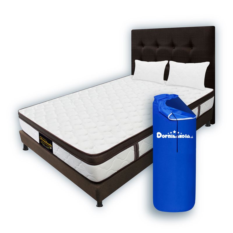 DORMILANDIA - Colchon Café Semidoble Resortado Dublin Enrollado+Base Cama+Cabecero+Almohadas