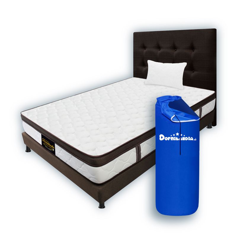 DORMILANDIA - Combo Colchon Cafe Sencillo 100x190 Resortado Dublin Base Cama Cabecero Almohada.