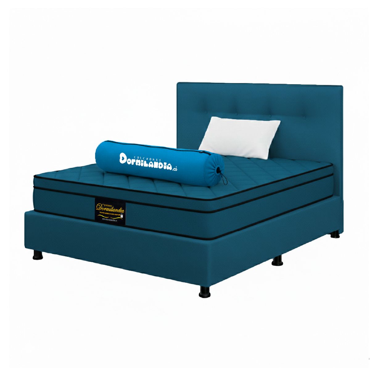 DORMILANDIA - Mega Combo Colchón Dublín Sencillo Azul Resortado Enrollado Más Base Cama, Cabecero y 1 Almohada