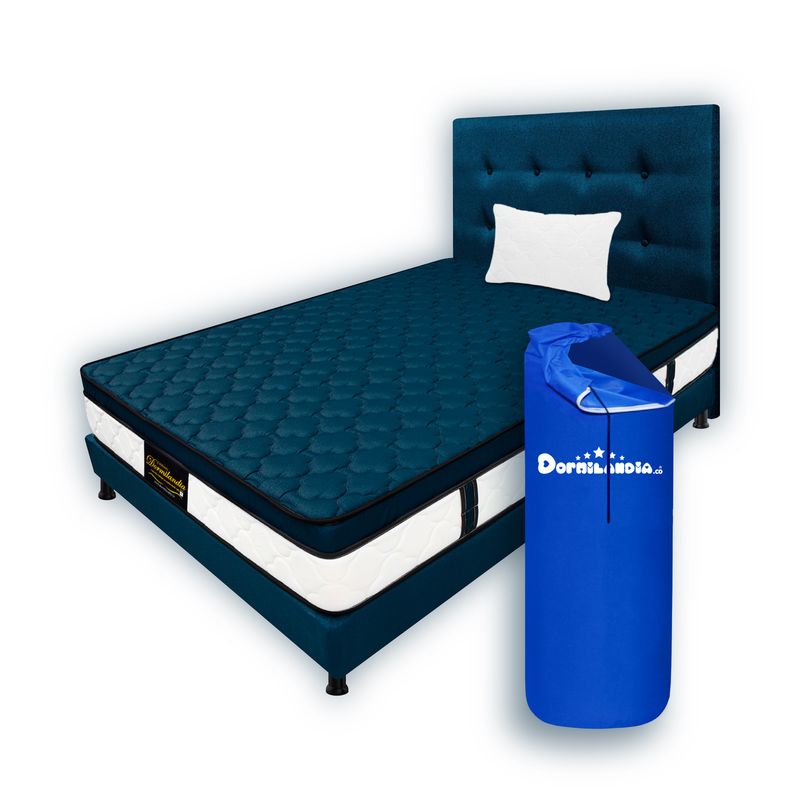 DORMILANDIA - Combo Colchon Azul Sencillo 100x190 Resortado Dublin Base Cama Entera Cabecero Almohada.