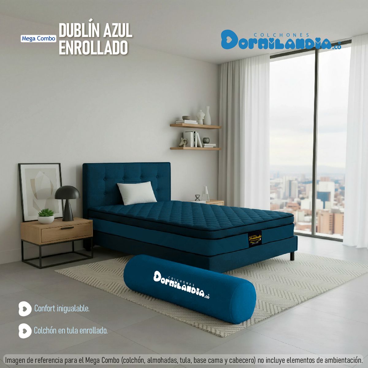 DORMILANDIA - Mega Combo Colchón Dublín Sencillo Azul Resortado Enrollado Más Base Cama, Cabecero y 1 Almohada