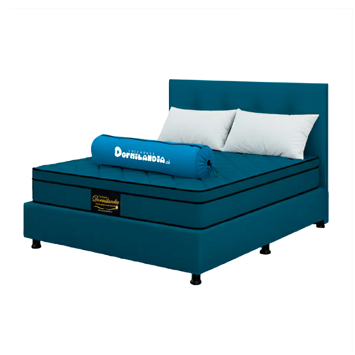 DORMILANDIA - Mega Combo Colchón Dublín Doble Azul Resortado Enrollado Más Base Cama Entera, Cabecero y 2 Almohadas