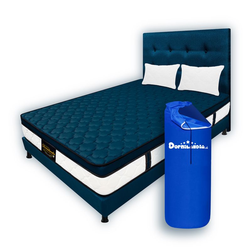 DORMILANDIA - Combo Colchon Azul Queen 160x190 Resortado Dublin Base Cama Dividida Cabecero Almohadas.