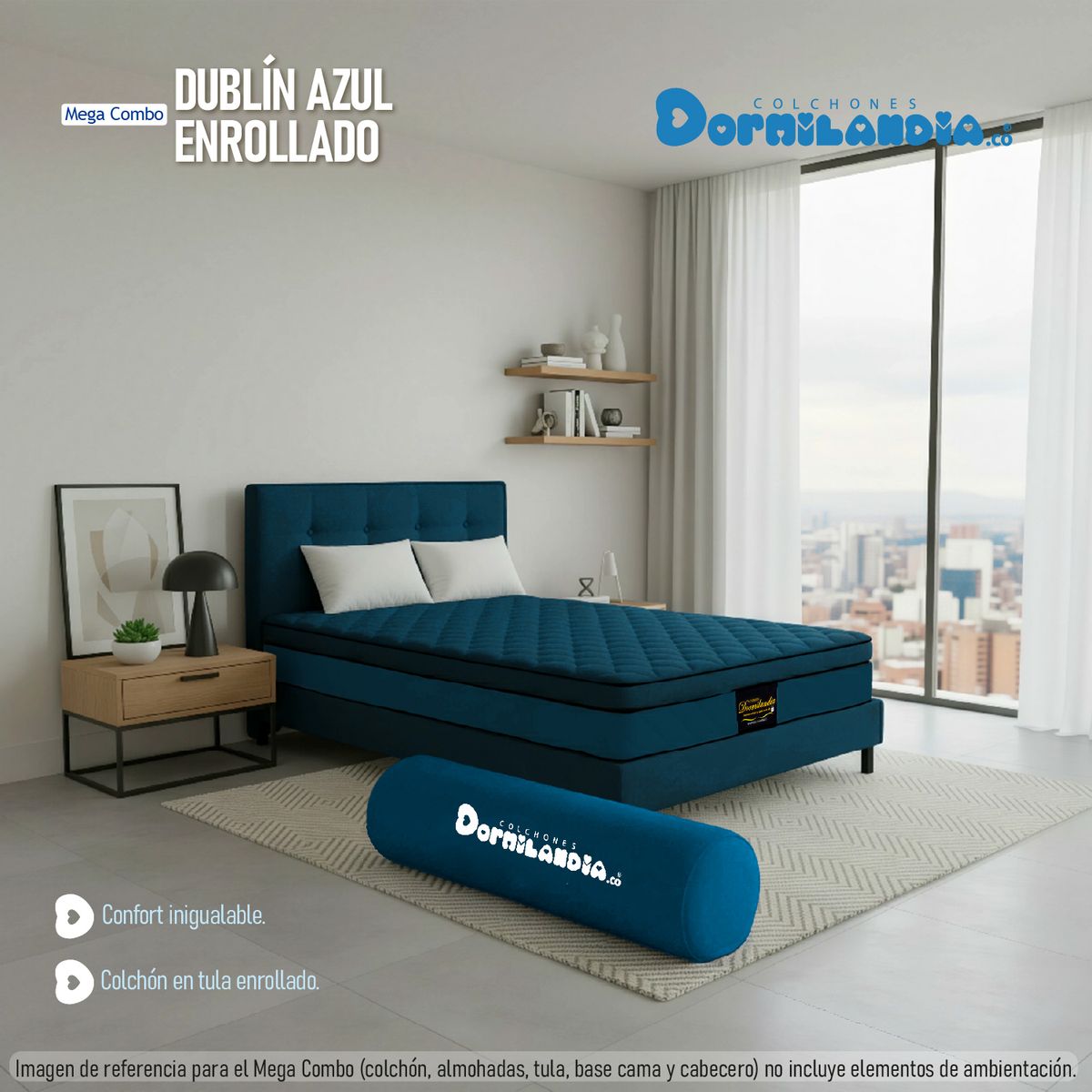 DORMILANDIA - Mega Combo Colchón Dublín Queen Azul Resortado Enrollado Más Base Cama, Cabecero y 2 Almohadas