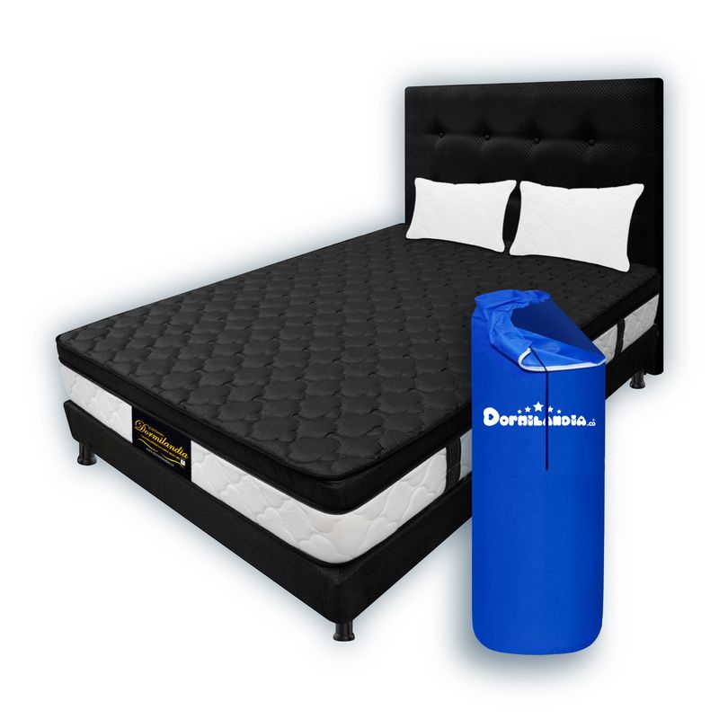 DORMILANDIA - Colchon Negro Semidoble Resortado Dublin Enrollado+Base Cama+Cabecero+Almohadas