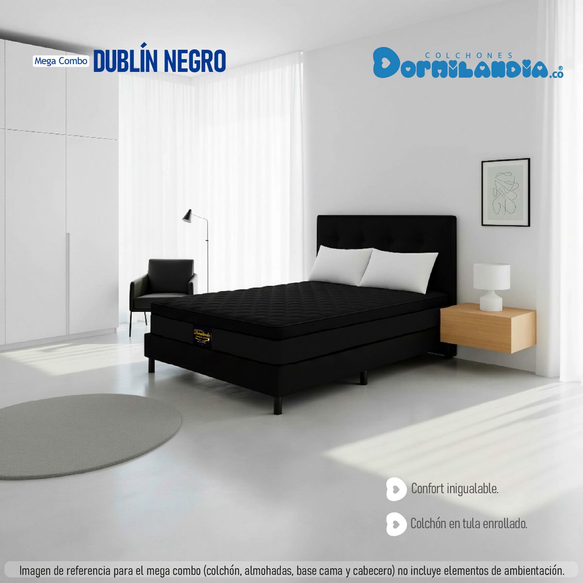 DORMILANDIA - Mega Combo Colchón Dublín King Negro Resortado más Base Cama Dividida, Cabecero y 2 Almohadas