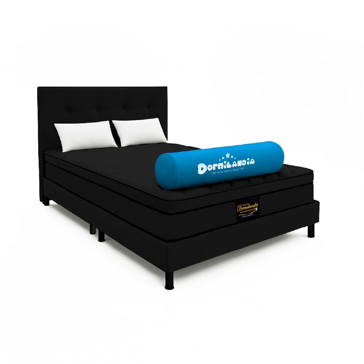 DORMILANDIA - Colchón Dublín Queen Negro Resortado Enrollado Más Base Cama, Cabecero y 2 Almohadas