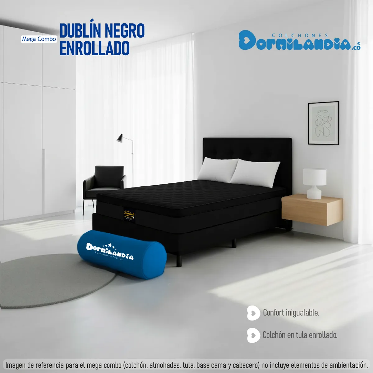 DORMILANDIA - Colchón Dublín Queen Negro Resortado Enrollado Más Base Cama, Cabecero y 2 Almohadas