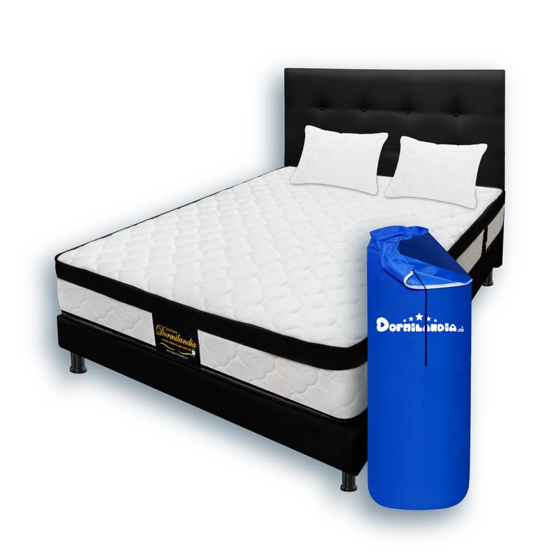 DORMILANDIA - Colchon Queen Resortado Versalles Enrollado+Base Cama+Cabecero+Almohadas