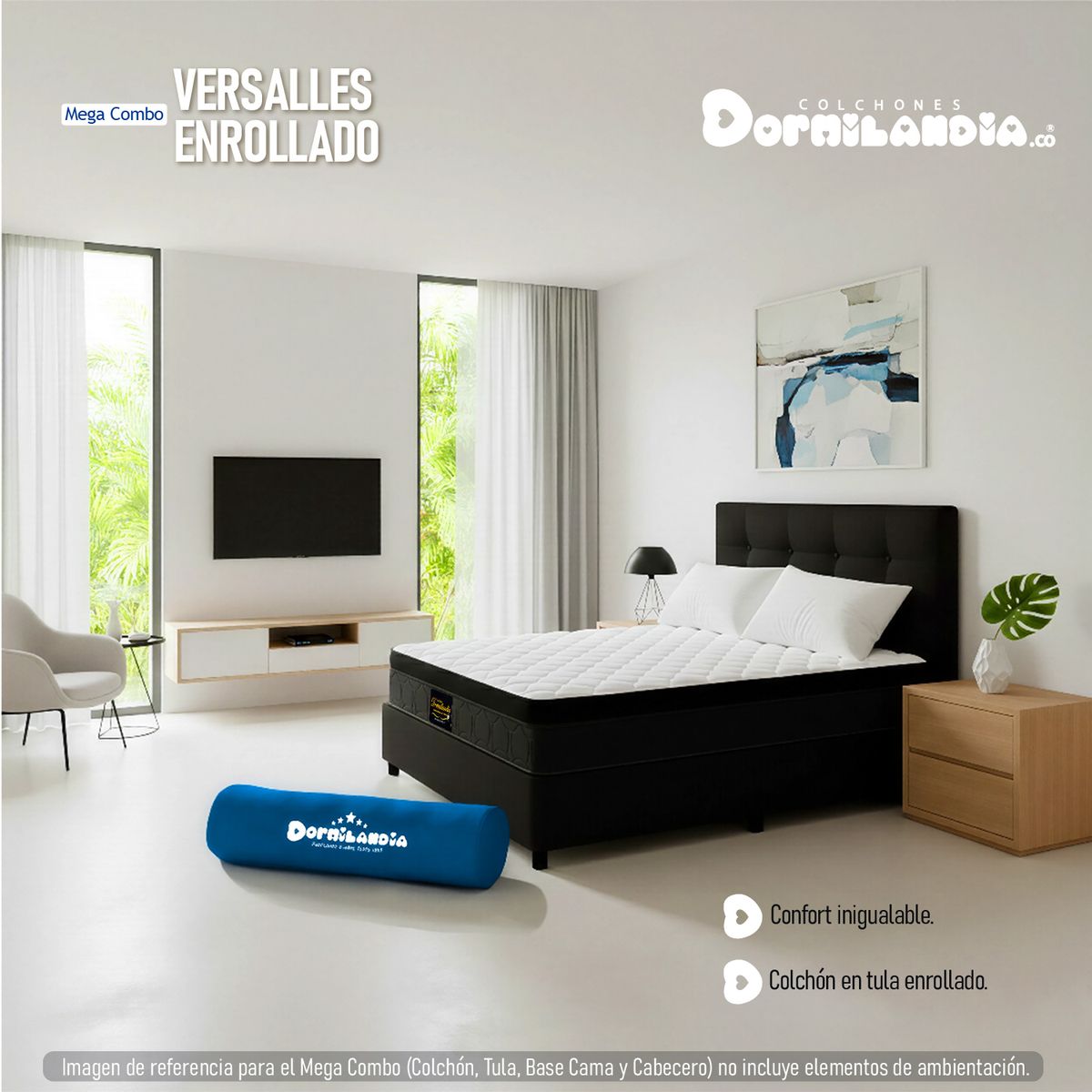 DORMILANDIA - Mega Combo Colchón Versalles Queen Resortado Enrollado Más Base Cama, Cabecero y 2 Almohadas