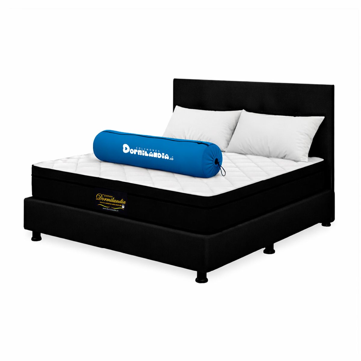 DORMILANDIA - Mega Combo Colchón Versalles Doble Resortado Enrollado Más Base Cama, Cabecero y 2 Almohadas