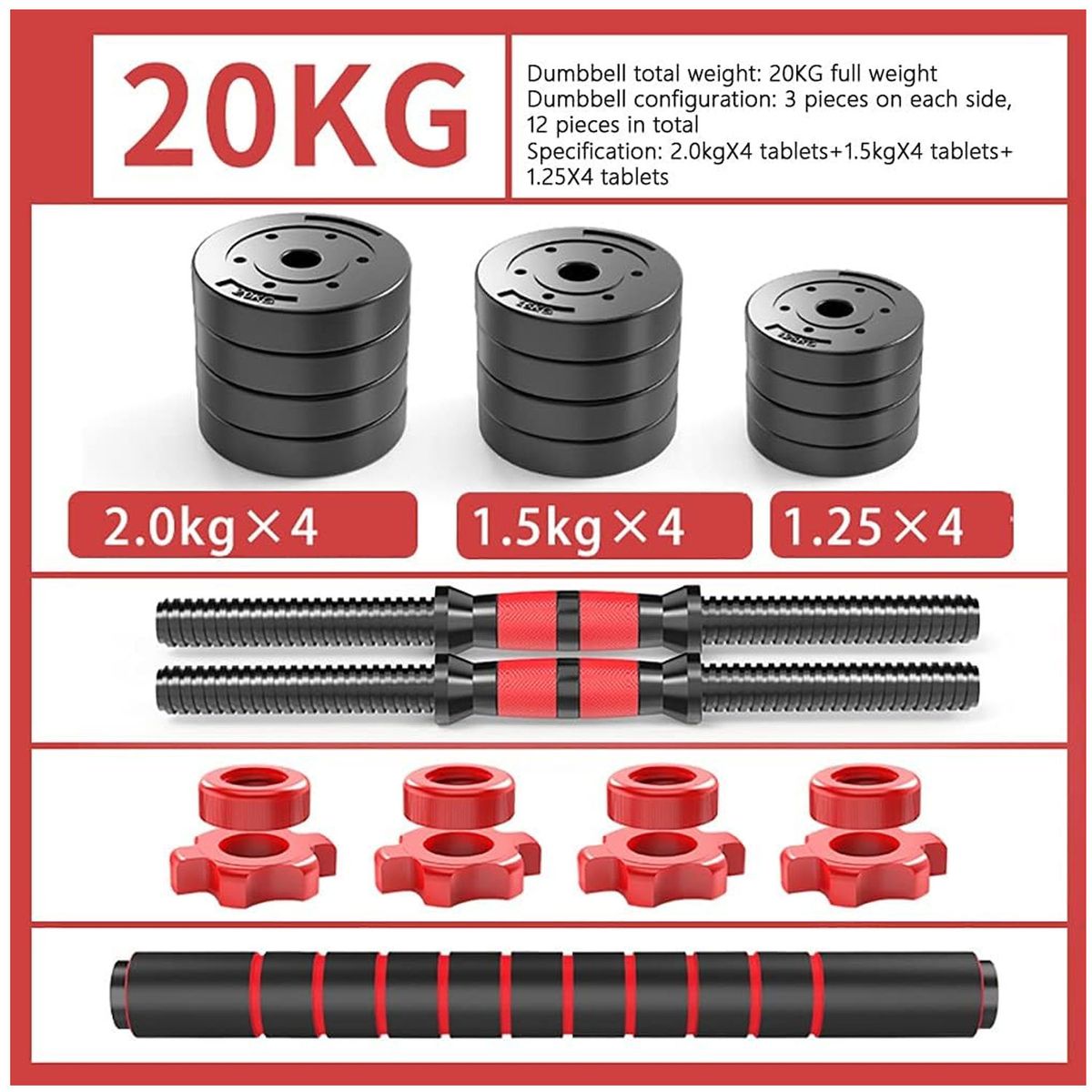 ONE PIXEL - Kit Mancuernas Pesa 20Kg Barra Larga Antideslizante