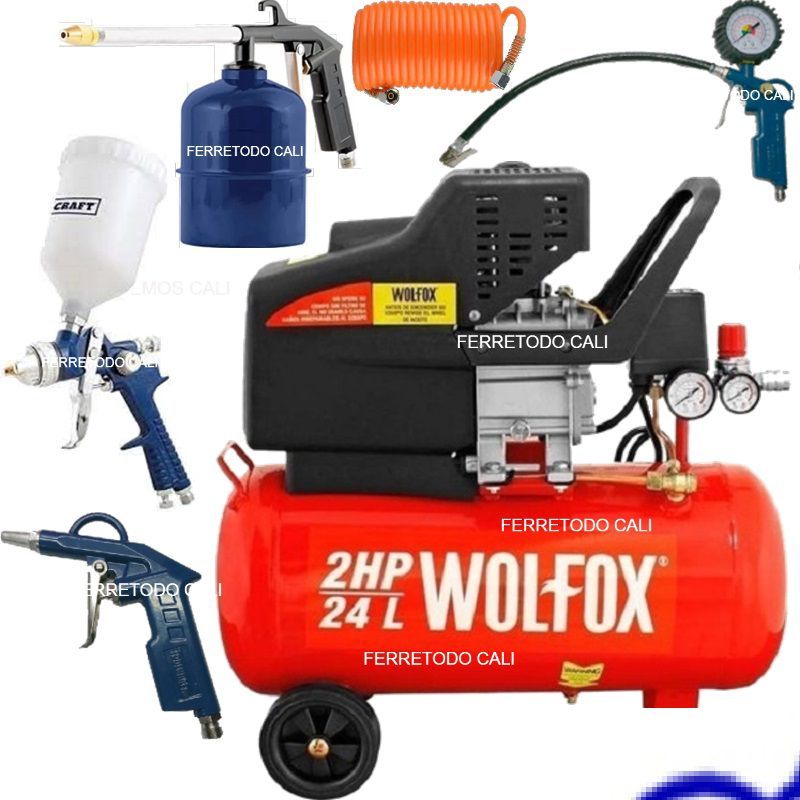 WOLFOX - Compresor Aire 2.5 Hp 24 Lts 4 Pist0la  MANGUERA Profesional.