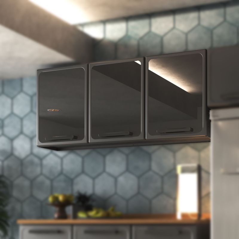 BERTOLINI - Gabinete superior de cocina 120cm en Acero 3 puertas Con Vidrio Gris