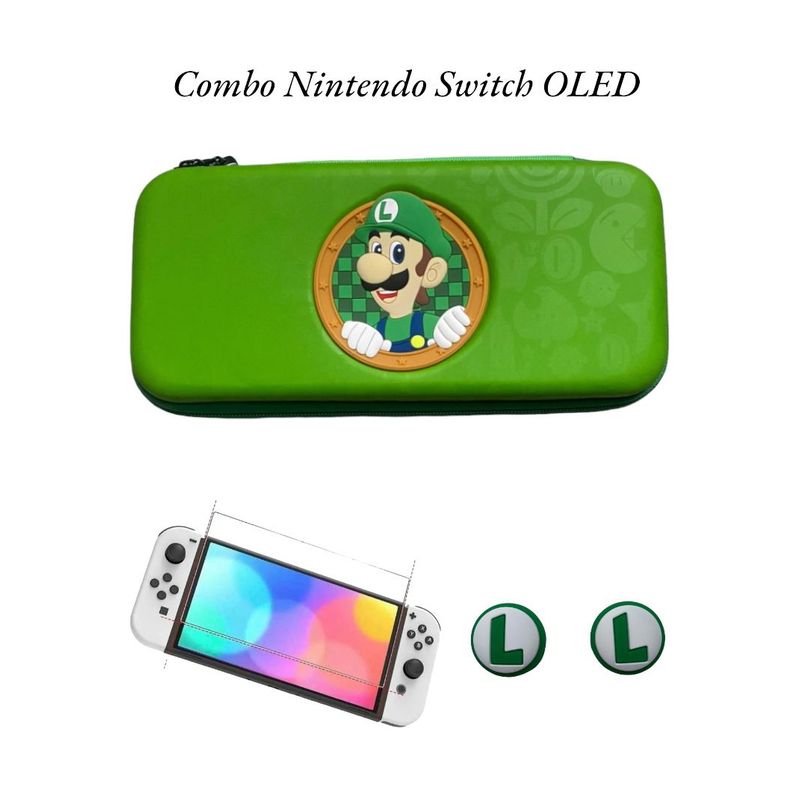 GENERICO - Combo Estuche Luigui + Vidrio + 2 grips Para Switch Oled