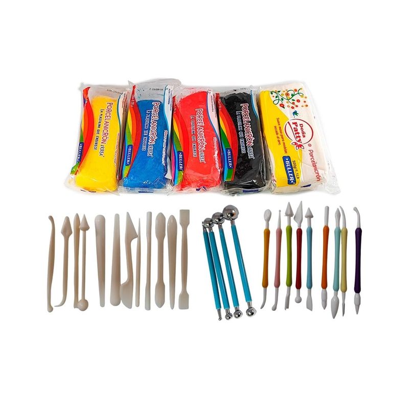 POINTER - Kit Masa Porcelanicrón X 5 Colores + Estiletes, Repujadores