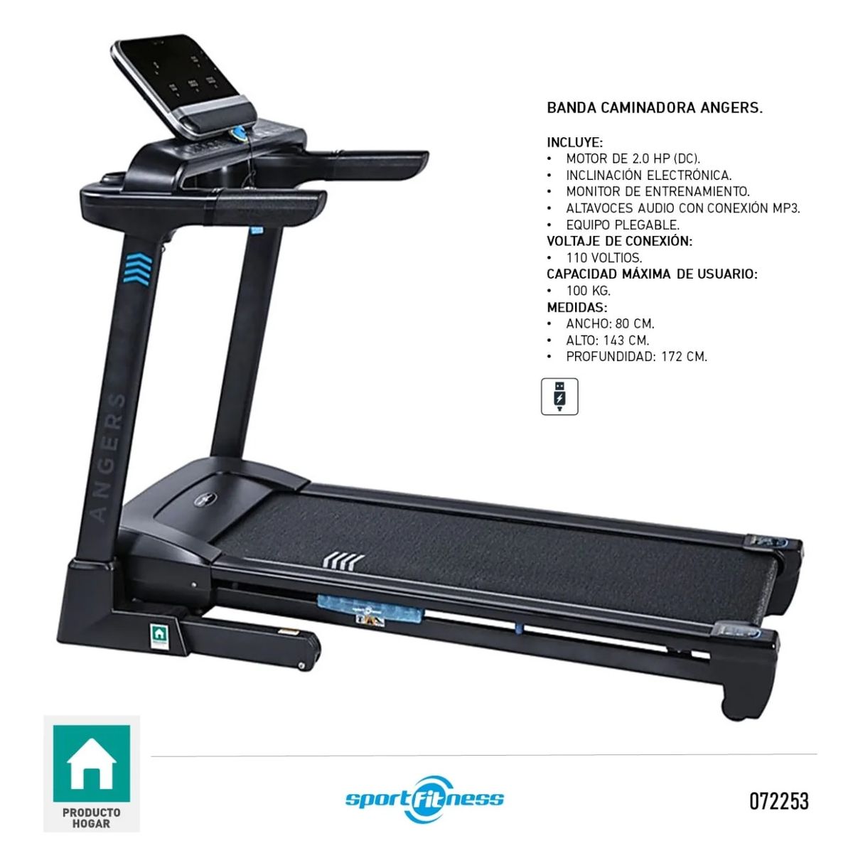 SPORT FITNESS - Caminadora Angers TD1146B 2Hp
