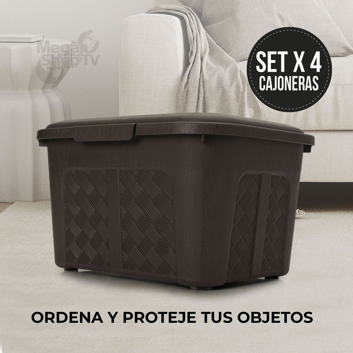 ENERGY PLUS - Set x4 Cajoneras o cajas plásticas organizadoras con tapa 6L Café
